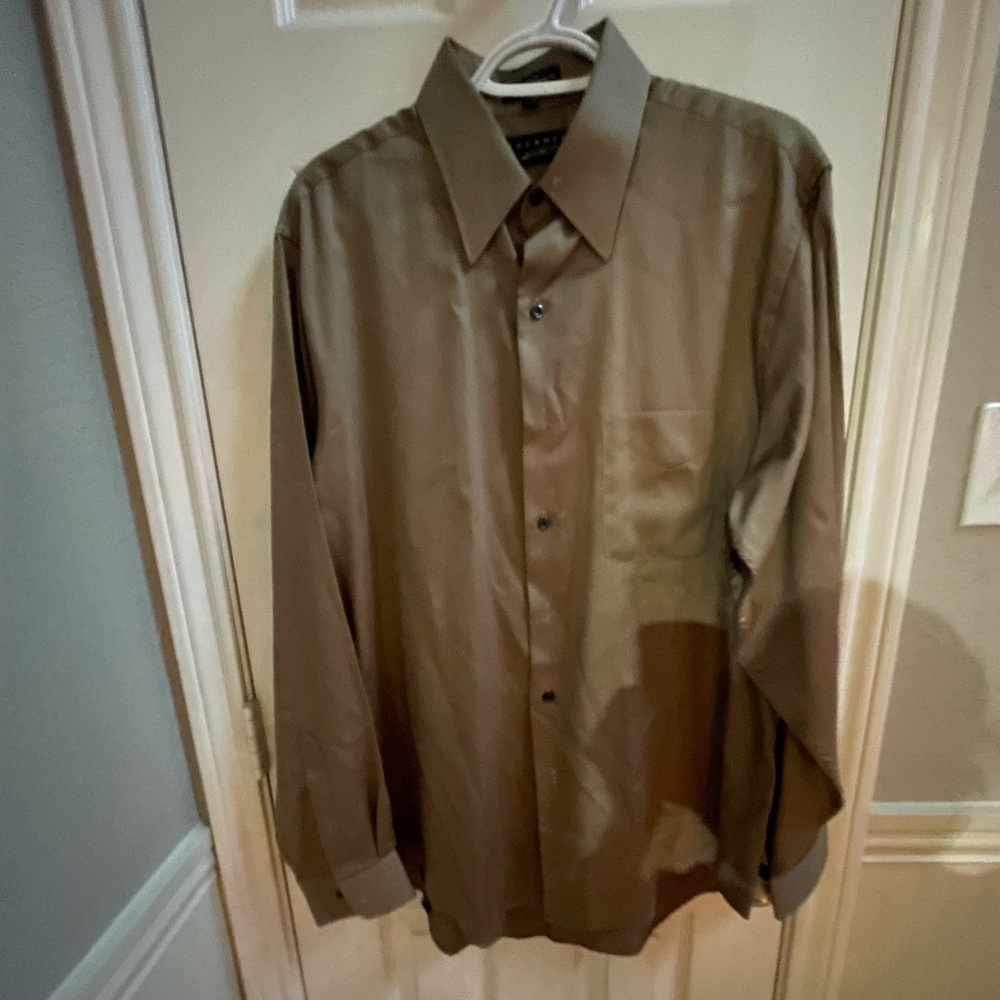 Essante Sz 15 34/35 Solid Brown SATEEN Long Sleeve Button Up Front Dress Shirt
